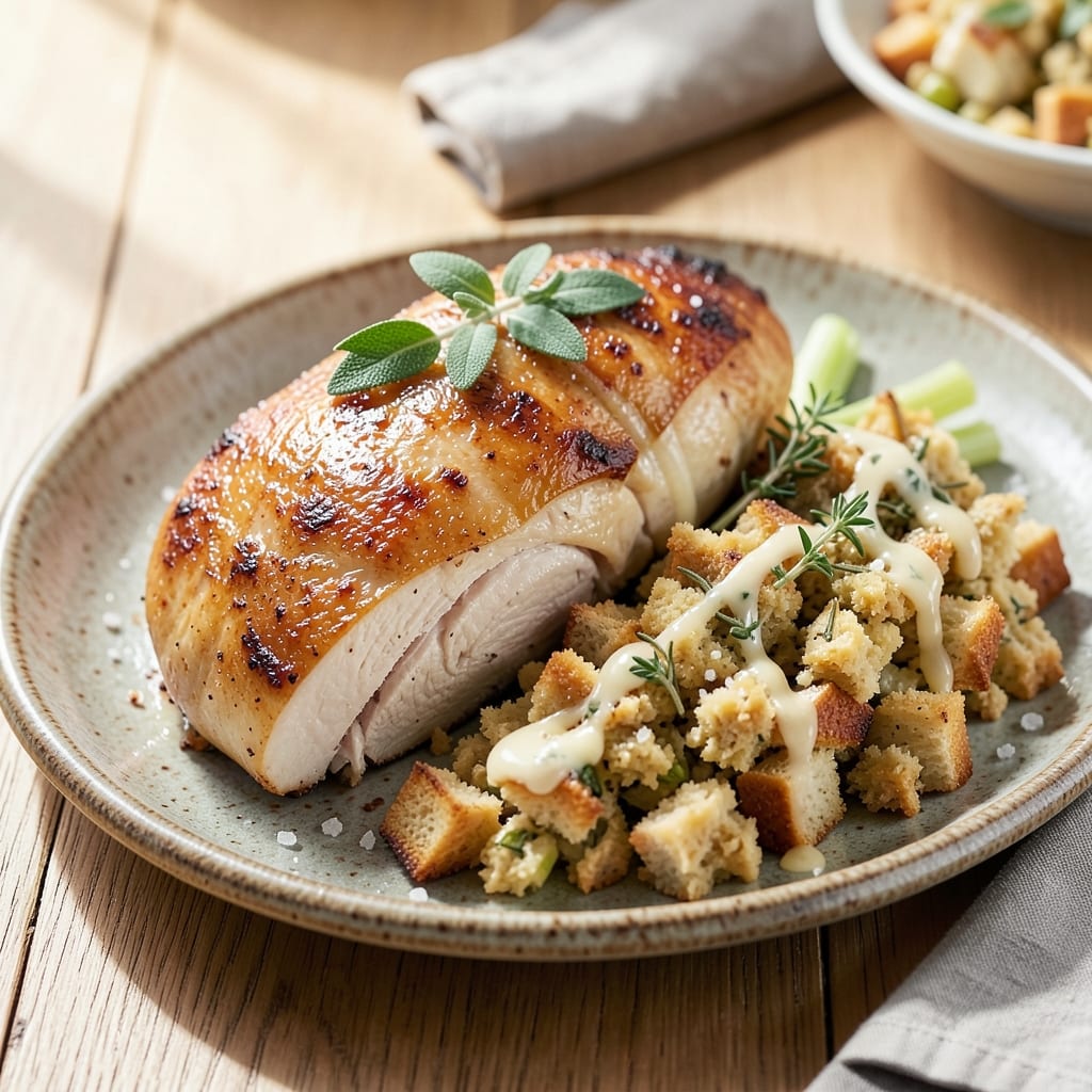 Baked Chicken Breast With Stove Top Stuffing Recipe: Juicy Chicken and Herby Stuffing in One Pan