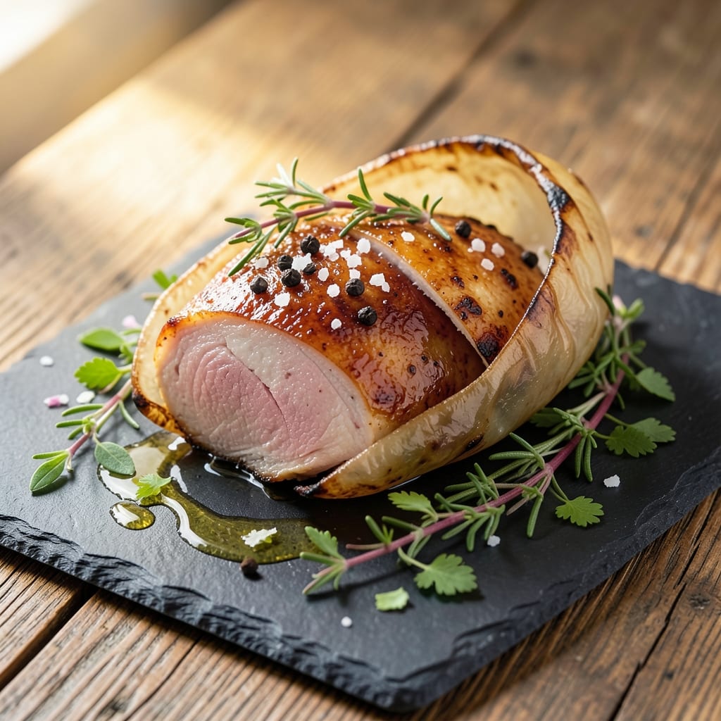 Bresse Chicken Cooked in a Pig's Bladder Recipe: Traditional French Confit With Herbed Crust