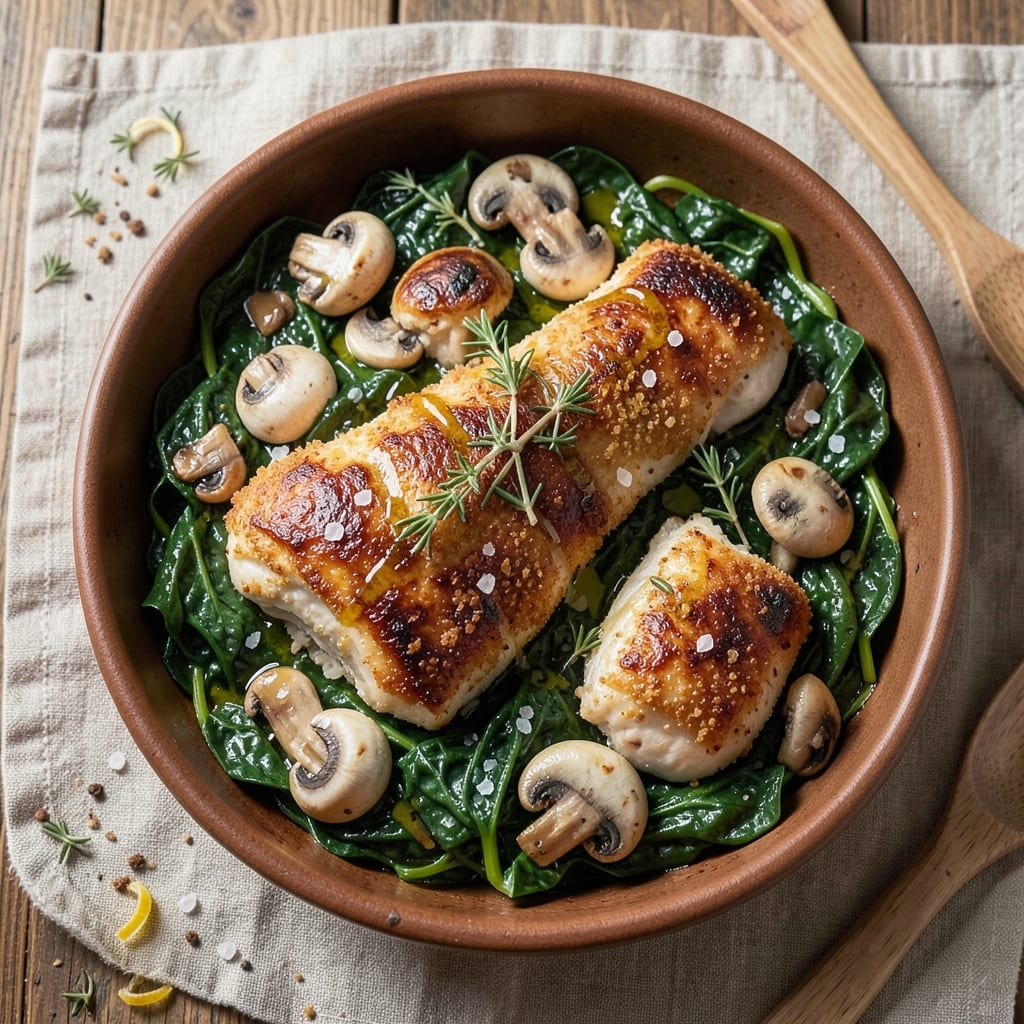 Baked Chicken With Spinach and Mushrooms Recipe: Savory Herb Crust Seals in Moisture