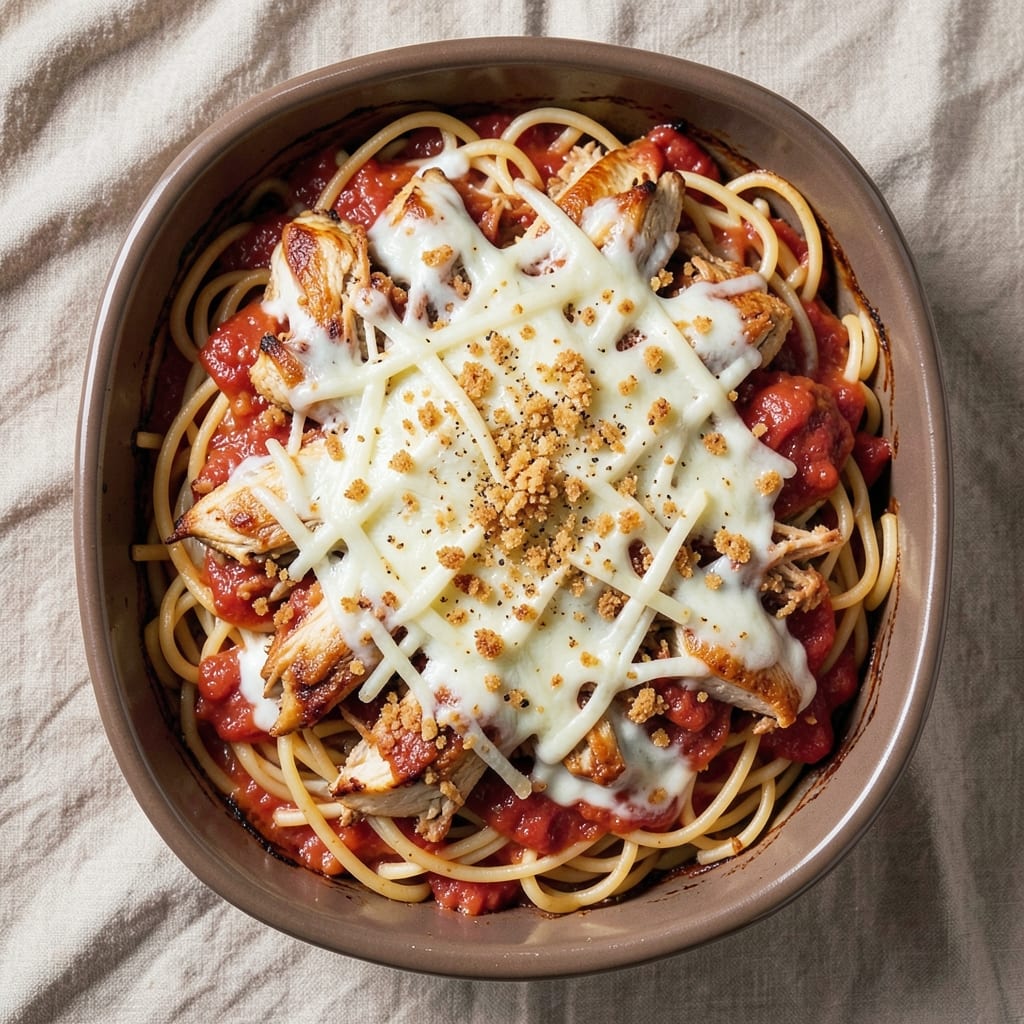 Baked Chicken Spaghetti Casserole Recipe: Cheesy Crunch Topping Locks in Moistness