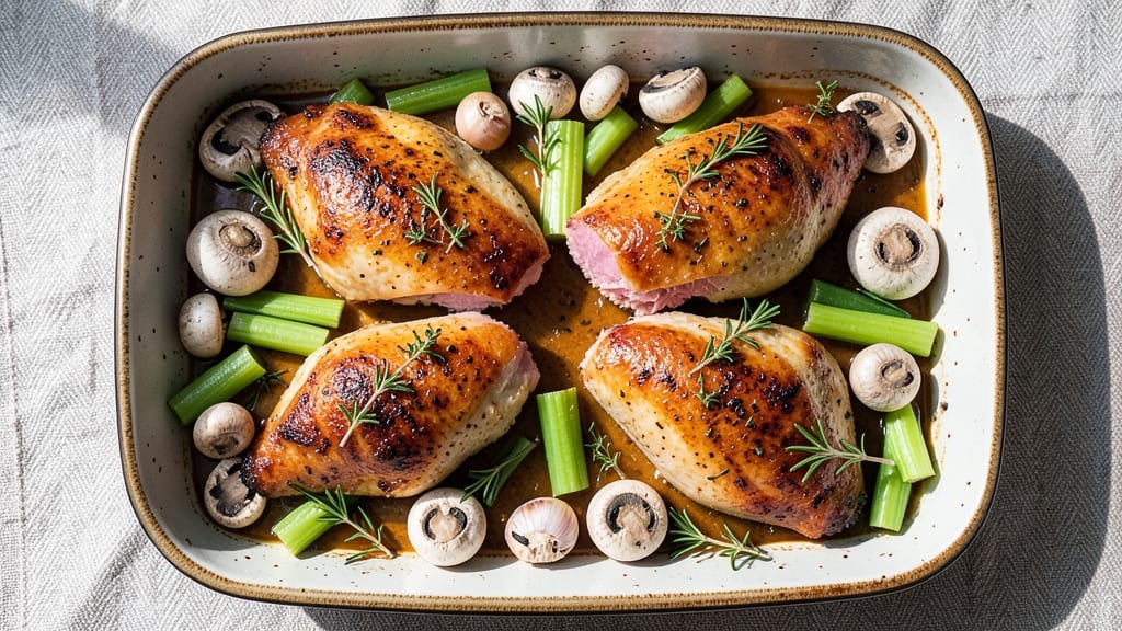 Jamie Oliver's Chicken and Mushroom Tray Bake Recipe: Crispy Celery Crowns Over Savory Herb Sauce